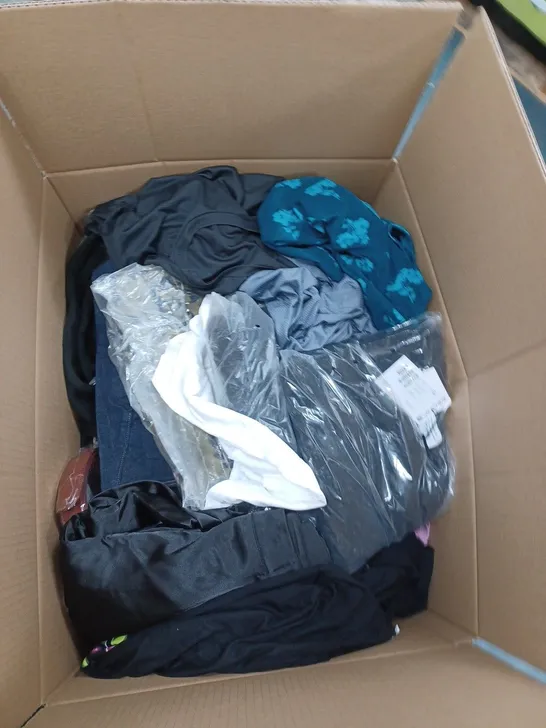 BOX OF ASSORTED CLOTHING ITEMS TO INCLUDE TOPS, TROUSERS, SWEATERS ETC 