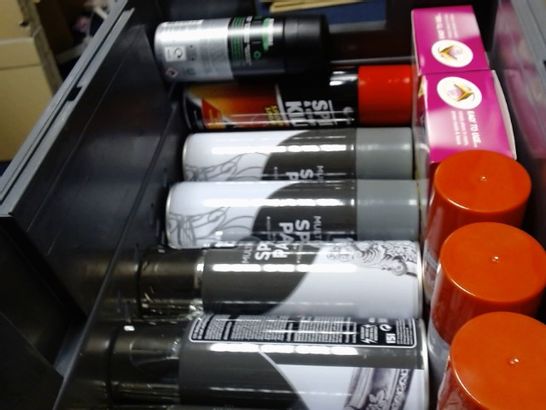 LOT OF ASSORTED ITEMS TO INCLUDE; SPIDFER KILLER, HIGH TEMPERATURE PAINT, DOUBLE ACRYLIC ETC