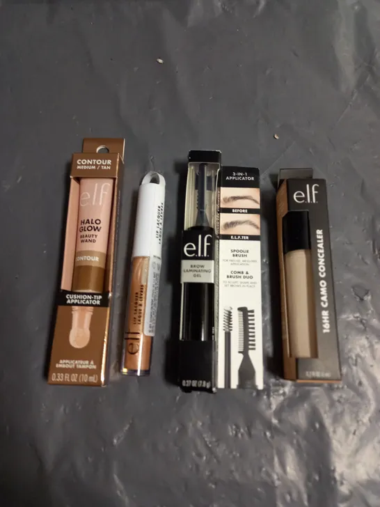 ELF LOT OF 4 ASSORTED COSMETIC PRODUCTS TO INCLUDE - CAMO CONCEALER FAIR BEIGE - CLEAR BROW LAMINATING GEL - HALO GLOW CONTOUR WAND MEDIUM - ETC