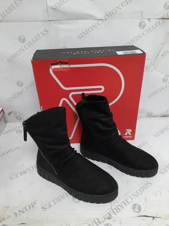 BOXED PAIR OF RIEKER BLACK FLEECE LINING BOOTS SIZE 5