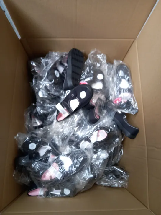 LARGE BOX OF APPROXIMATELY 40 PAIRS OF BLACK SCHOOL PUMPS IN VARIOUS SIZES
