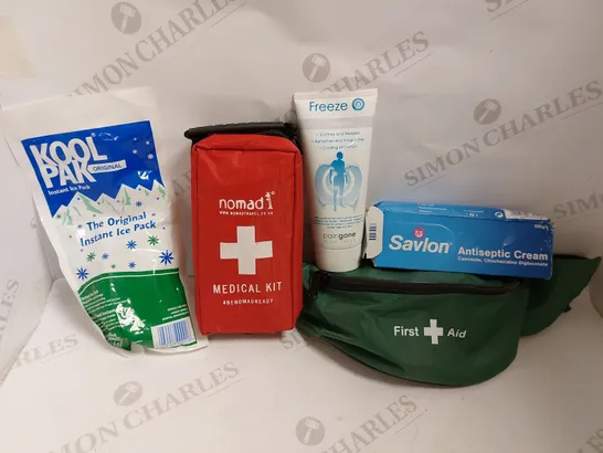 BOX OF APPROX 10 MEDICAL ITEMS TO INCLUDE FIRST AID KITS, KOOLPAK ICE PACK AND SAVLON CREAM