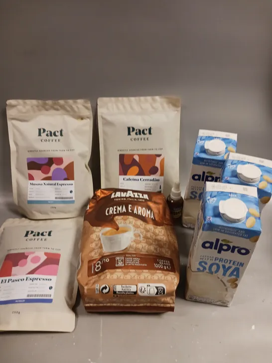 APPROXIMATELY 8 ASSORTED COFFEE PRODUCTS TO INCLUDE PACT COFFEE, LAVAZZA, PROTEIN SOYA ETC 