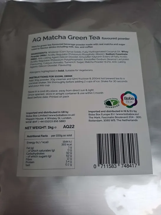 LOT OF 3 BOBA BOX FOOD ITEMS INCLUDES AQ TARO AND MATCHA GREEN TEA FLAVOURED POWDER AND BROWN SUGAR SYRUP