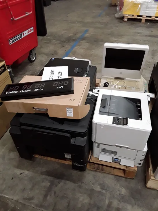 PALLET OF ASSORTED OFFICE EQUIPMENT INCLUDING PRINTERS, DESKTOP & ROUTERS