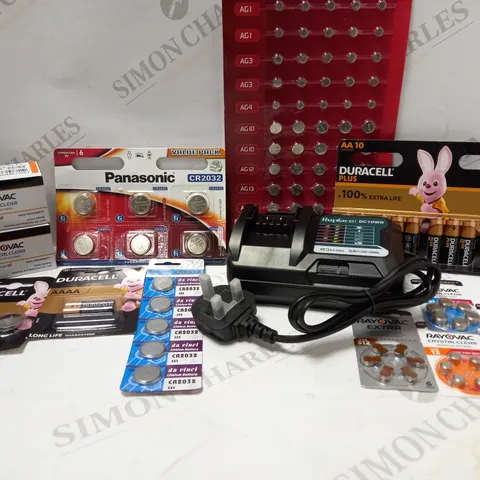 A LARGE QUANTITY OF ASSORTED BATTERIES TO INCLUDE PANASONIC, DURACELL, RAYOVAC, ETC 