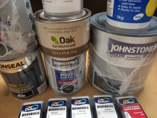 LOT OF ASSORTED HOUSEHOLD ITEMS TO INCLUDE JOHNSTON BLACK PAINT, AND WAX POLISH - COLLECTION ONLY