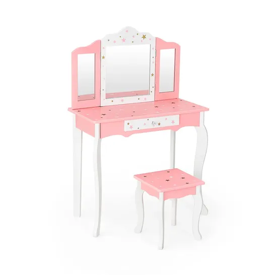 BOXED COSTWAY KIDS PRINCESS VANITY TABLE AND STOOL SET WITH TRI-FOLDING MIRROR AND DRAWER - PINK/WHITE