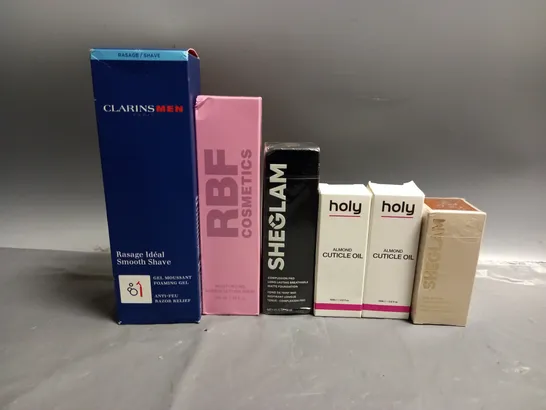 6 BOXED HEALTH AND BEAUTY PRODUCTS TO INCLUDE HOLY GELS ALMOND CUTICLE OIL, CLARINS MEN SMOOTH SHAVE FOAMING GEL, SHEGLAM COMPLEXION PRO MATTE FOUNDATION, RBF MOISTURISING MAKEUP SETTING SPRAY 