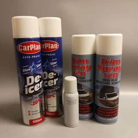 APPROXIMATELY 8 ASSORTED AEROSOLS TO INCLUDE TRIM SPRAY ADHESIVE, CARPLAN DE-ICER, DECREE PREPARATORY MIST ETC COLLECTION ONLY