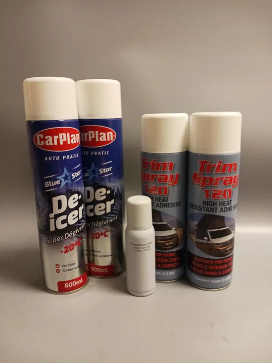 APPROXIMATELY 8 ASSORTED AEROSOLS TO INCLUDE TRIM SPRAY ADHESIVE, CARPLAN DE-ICER, DECREE PREPARATORY MIST ETC COLLECTION ONLY