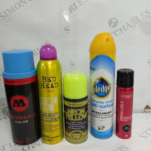 BOX OF APPROX 15 ASSORTED LIQUIDS TO INCLUDE - PAINT SPRAY, SURFACE CLEANER, DRY SHAMPOO ETC