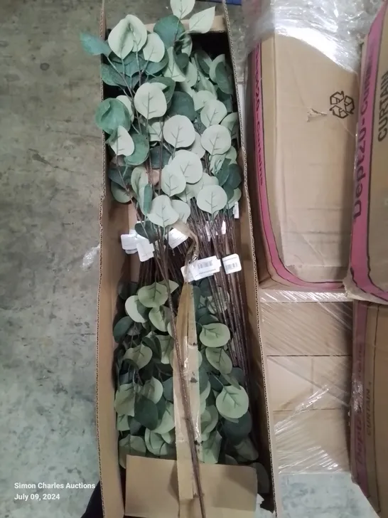 PALLET CONTAINING 4 BOXES OF X4 PLAIN EYELET CURTAINS, APPROXIMATELY 15 BOXES OF FAUX EUCALYPTUS PLANTS