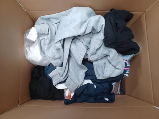 BOX OF ASSORTED CLOTHING ITEMS IN VARIOUS COLOURS, SIZES AND STYLES