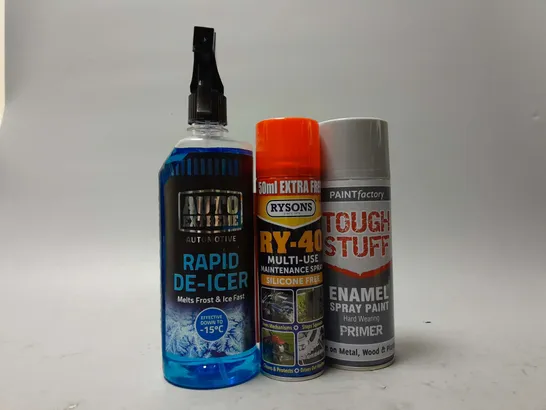 APPROXIMATELY 20 AEROSOLS AND SPAYS TO INCLUDE PAINTFACTORY TOUGH STUFF ENAMEL SPRAY PAINT PRIMER, RYSONS RY-40 MULTI-USE MAINENANCE SPRAY, AUTO EXTREME RAPID DE-ICER, ETC - COLLECTION ONLY