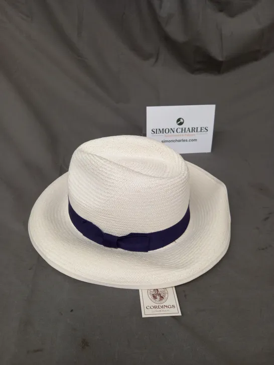 CORDINGS WOVEN FEDORA HAT IN IVORY/NAVY CONTRAST BAND