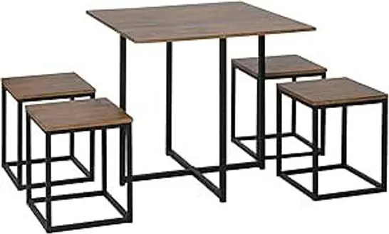 BOXED HOMCOM 5 PIECE DINING TABLE AND CHAIRS SET 4, INDUSTRIAL SPACE SAVING TABLE AND CHAIRS WITH METAL FRAME, SQUARE KITCHEN TABLE AND STOOLS FOR DINING ROOM, BROWN