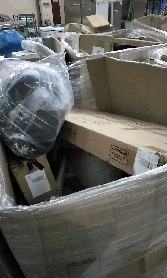 PALLET OF ASSORTED ITEMS INCLUDING COMPUTER ROOM DESK, WINDOW FILM, AICOK JUICE EXTRACTOR, DALSTRONG COOKWARE POT AND HEATED BLANKET