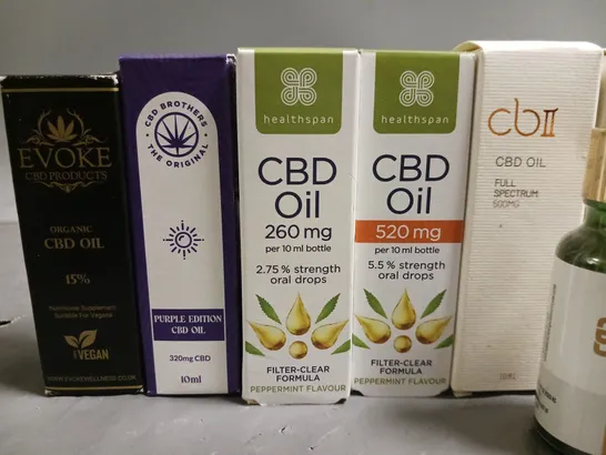 LOT OF 10 ASSORTED CBD OILS AND DROPS IN VARYING STRENGTHS AND SIZES