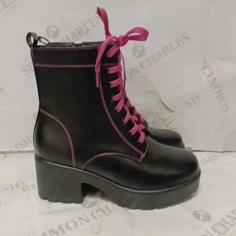 PAIR OF KOI DESIGNER VEGAN PLATFORM ANKLE BOOTS IN BLACK WITH PINK LACES - SIZE 6