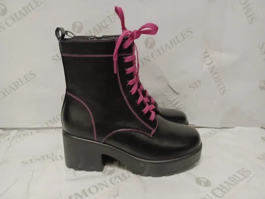 PAIR OF KOI DESIGNER VEGAN PLATFORM ANKLE BOOTS IN BLACK WITH PINK LACES - SIZE 6