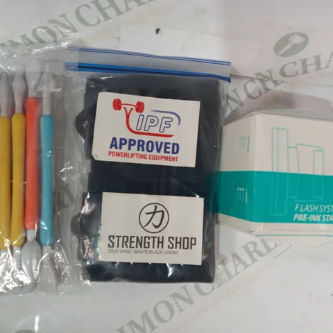 LOT OF APPROXIMATELY 10 ASSORTED HOUSEHOLD ITEMS TO INCLUDE FLASH SYSTEM PRE-INK STAMP, STRENGTH SHOP WRIST WRAPS IN BLACK, ETC