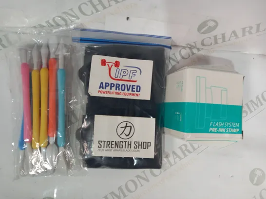 LOT OF APPROXIMATELY 10 ASSORTED HOUSEHOLD ITEMS TO INCLUDE FLASH SYSTEM PRE-INK STAMP, STRENGTH SHOP WRIST WRAPS IN BLACK, ETC