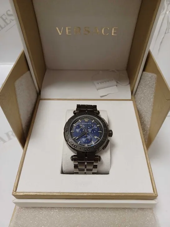 VERSACE GRECA-CHRONO 45 MM MENS BLUE DIAL IP BRACELET WATCH RRP £1150