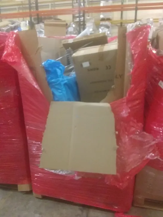 PALLET OF ASSORTED HOUSEHOLD PRODUCTS AND ITEMS, INCLUDING; VACUUM CLEANER, BOXED FURNITURE ETC