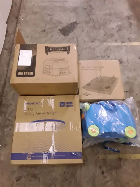 PALLET OF ASSORTED PRODUCTS INCLUDING AIR FRYER, CEILING FAN WITH LIGHT, TRUNKI KIDS SUITCASE, VINTAGE TURNTABLE, CHAMBER VACUUM SEALER