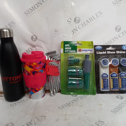 BOX OF APPROXIMATELY 15 ASSORTED ITEMS TO INCLUDE - MARKSMAN 4 PEICE HOSE FITTING - COSIFIT LIQUID SHOE SHINE - DAKCOS ALAN KEYS ECT