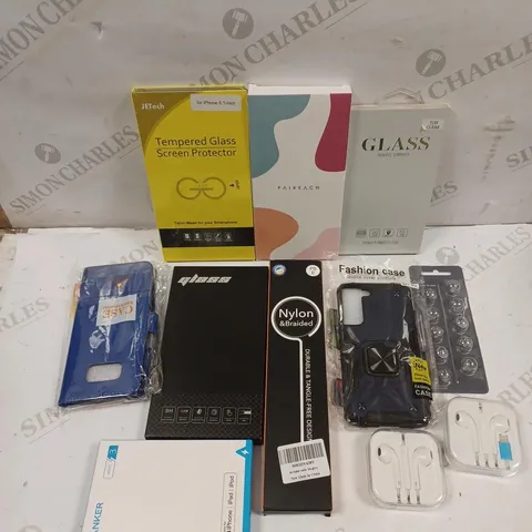 BOX OF APPROXIMATELY 25 ASSORTED MOBILE PHONE/TABLET ACCESSORIES TO INCLUDE PHONE HOLDER, EARPHONES, SCREEN PROTECTORS ETC