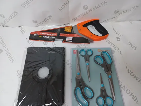 BOX OF APPROXIMATELY 20 ASSORTED HOUSEHOLD ITEMS TO INCLUDE HAND SAW, SCISSORS, IPAD 10 CASE, ETC