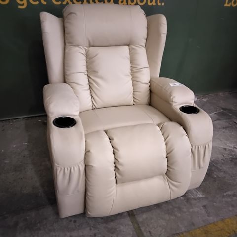 DESIGNER CREAM LEATHER MANUAL RECLINING ARMCHAIR WITH DRINK HOLDERS