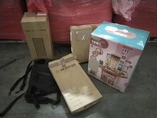 PALLET OF ASSORTED ITEMS TO INCLUDE: BED ASSOST RAIL, CHILDLIKE TIME TOY, TOWER SPACE HEATER, STANDING SHELF UNIT ETC