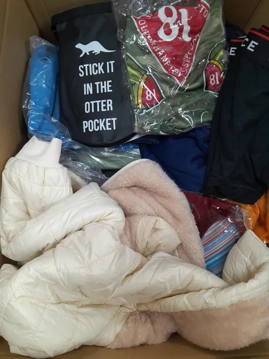 BOX OF APPROXIMATELY 15 CLOTHING ITEMS TO INCLUDE OTTER POCKET, NICCE BOXERS, TOPLOOK SHIRT ETC