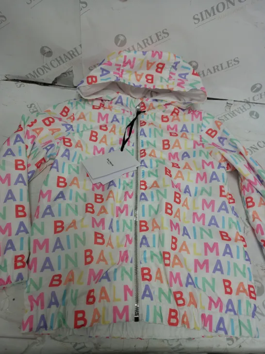 BALMAIN MULTICOLOURED LOGO PRINT JACKET - SIZE 6