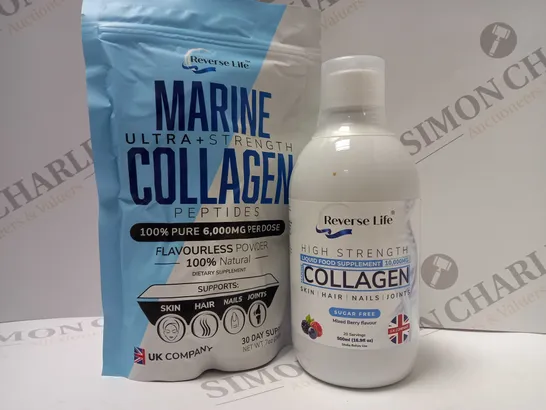 REVERSE LIFE NUTRA COLLAGEN 10000MG PURE PEPTIDE 500ML & ULTRA+STRENGTH COLLAGEN 6000MG FLAVOURLESS POWDER 200G