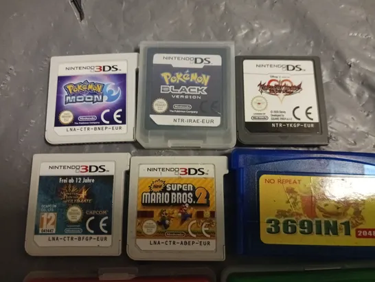 LOT OF 8 ASSORED NINTEDO DS & 3DS GAMES TO INCLUDE POKEMON MOON, BLACK AND LEAF AND SUPER MARIO BROS 2