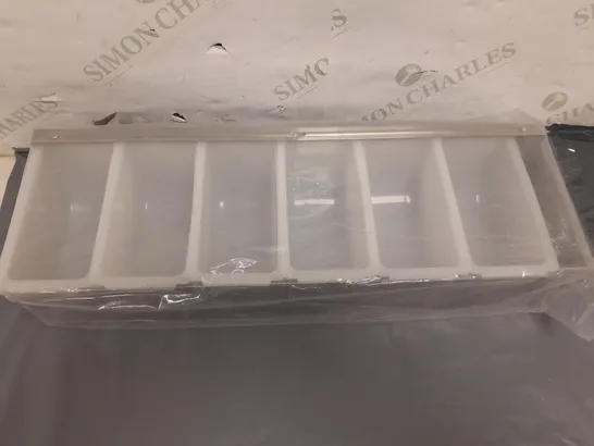 STAINLESS STEEL STORAGE BOX WITH WHITE PLASTIC DRAWERS