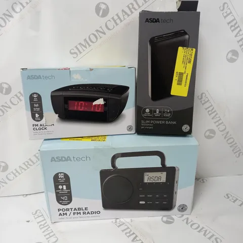 APPROXIMATELY 20 ASSORTED ITEMS TO INCLUDE PORTABLE AM/FM RADIO, FM ALARM CLOCK, SLIM POWER BANK ETC. 