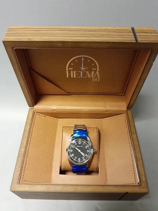 BOXED HELMA DH BLACK FACED WATCH WITH STAINLESS STEEL STRAP