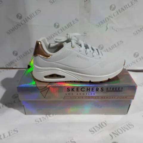 BOXED PAIR OF SKECHERS STREET SHOES WHITE/ROSE GOLD UK SIZE 6