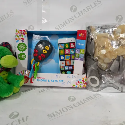 BOX OF APPROXIMATELY 20 ASSORTED TOYS AND GAMES TO INCLUDE BIRTHDAY DECORATION PACK, LITTLE TOT MUSICAL PHONE & KEYS SET, KEEL TOYS NESSIE SOFT PLUSH, ETC