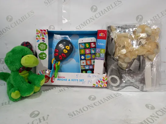 BOX OF APPROXIMATELY 20 ASSORTED TOYS AND GAMES TO INCLUDE BIRTHDAY DECORATION PACK, LITTLE TOT MUSICAL PHONE & KEYS SET, KEEL TOYS NESSIE SOFT PLUSH, ETC