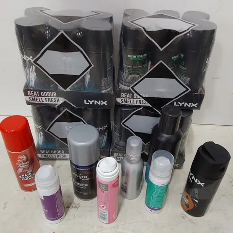 TWO TOTES OF ASSORTED AEROSOLS INCLUDING, LYNX, DOVE DEODORANTS, HAIR COLOURS, WATERPROOF SPRAY, METALLIC PAINT, OLIVE OIL SPRAY, TYREWELD. 