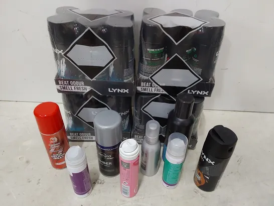 TWO TOTES OF ASSORTED AEROSOLS INCLUDING, LYNX, DOVE DEODORANTS, HAIR COLOURS, WATERPROOF SPRAY, METALLIC PAINT, OLIVE OIL SPRAY, TYREWELD. 