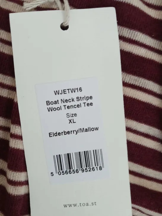 TOAST BOAT NECK STRIPED WOOL TENCAL T SHIRT ELDERBERRY/MALLOW SIZE XL