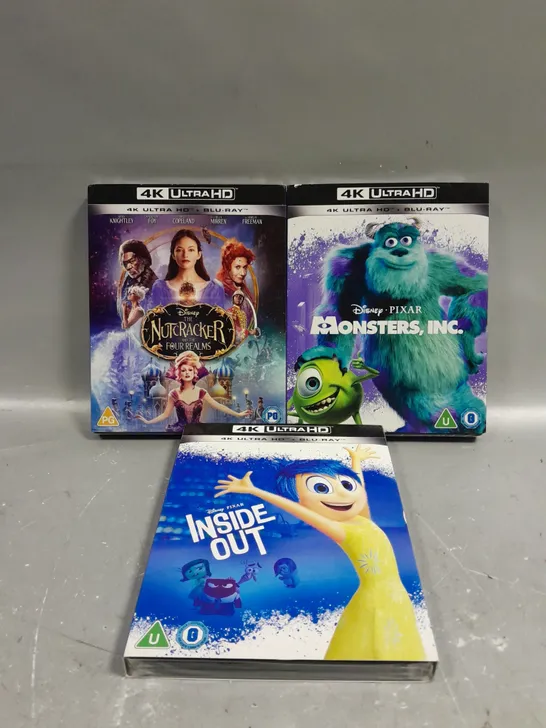 3 X ASSORTED SEALED DISNEY 4K ULTRA HD BLU-RAYS TO INCLUDE MONSTERS INC, INSIDE OUT & THE NUTCRACKER 