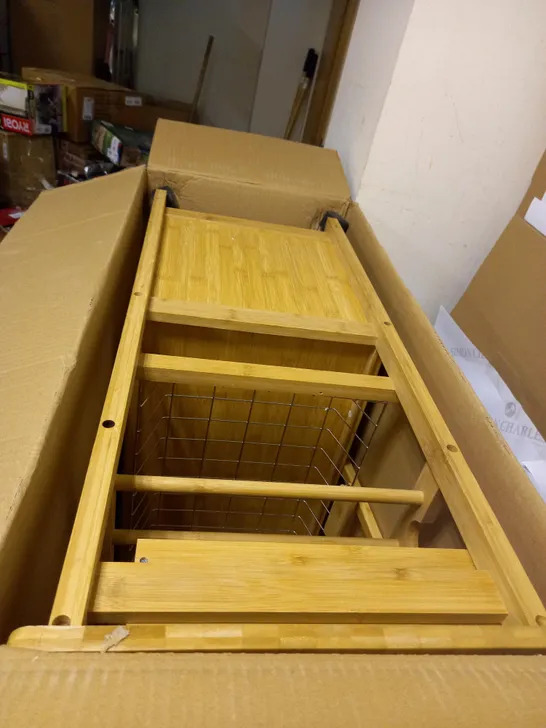 BOXED WOODLUV BAMBOO KITCHEN TROLLEY CART WITH DRAWER, WIRE BASKET, STORAGE CABINET AND WINE RACK